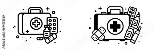 First aid kit icon set with medical supplies including pills, medicine bottles, and bandages in a simple line art style