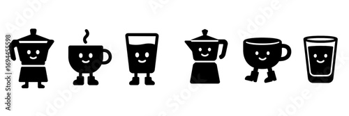 Set of cute coffee character icons with moka pot, cup, and glass in a simple black and white silhouette style for cafe menus or branding