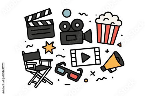 Collection of filmmaking and cinema icons including clapperboard, movie camera, popcorn, and director's chair on a white background