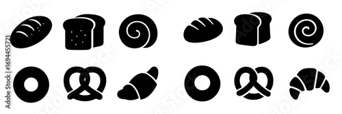 Set of black bread and pastry icons including loaf, sliced bread, croissant, pretzel, and bagel isolated on a white background