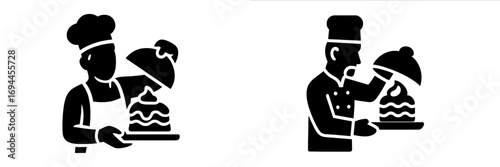Pastry chef serving a cake dessert with a cloche, black glyph icon set for culinary and baking concepts isolated on a white background