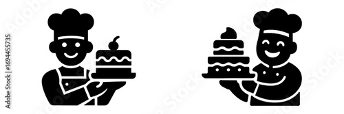 Black glyph icon set of a pastry chef holding a birthday cake or dessert isolated on a white background for bakery and patisserie concepts