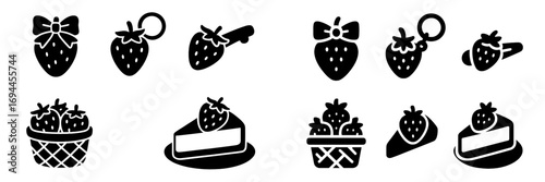 Strawberry icon set with sweet dessert and cute accessories Black glyph collection of berry fruit, cake slice, basket, keychain, hair clip, and crepe symbols