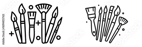 Minimalist line art icon set of various artist paint brushes for painting, drawing, and creative hobbies