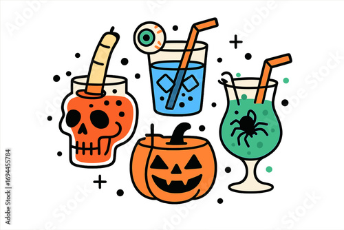 Collection of spooky Halloween cocktails and drinks with a jack-o'-lantern pumpkin, skull glass, eyeball garnish, and spider decoration