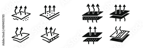 Breathable fabric and material layer icon set demonstrating moisture wicking, airflow, ventilation, and quick-dry properties for modern textiles