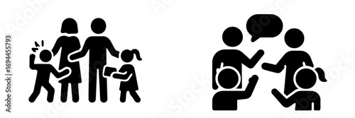Family life and social interaction icon set with parents and children communicating and spending time together