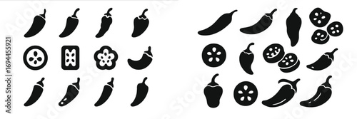 Set of black chili pepper icons showing various types of spicy vegetables like jalapeno and habanero in silhouette style for food and cooking design elements