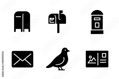 Mail and communication glyph icon set with mailbox, postbox, envelope, carrier pigeon, and postcard symbols for postal service