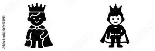 Prince character icon set in a simple glyph style for royalty and fairytale themes, featuring a young king with a crown and cape in a solid black silhouette isolated on a white background