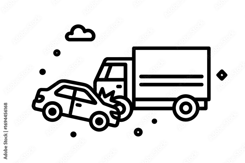 Fototapeta premium Car crash with a truck icon, rear-end collision symbol for insurance and safety concepts on a white background