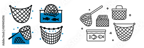 Set of fishing net icons for angling and aquaculture equipment, including landing net, creel basket, and livewell with fish in simple line art style