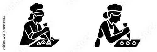 Pastry chef decorating dessert with a piping bag glyph icon set for confectionery and baking themes, black silhouette of a confectioner making sweets