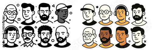 Diverse set of male portraits and avatars in a modern minimalist line art style for user profiles and icons