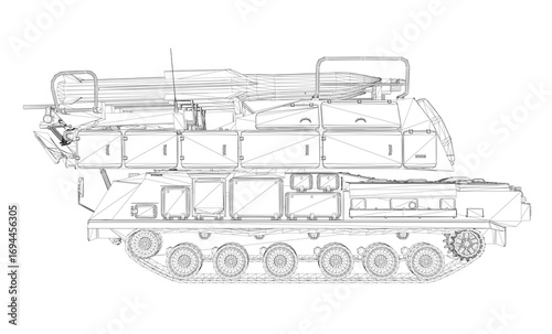 Detailed blueprint of a military tank with visible turret, tracks, and rocket launcher features in wireframe style on a white background.