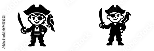 Black and white icons of a cartoon pirate boy character with a parrot on his shoulder, holding a cutlass sword and wearing an eyepatch and hat