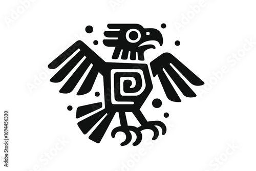 Stylized Aztec eagle symbol with ancient Mayan bird influences, a black and white tribal icon featuring geometric ornaments and a spiral pattern
