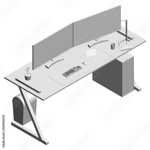 Polygonal computer setup with dual monitors, keyboard, mouse, coffee cup, and potted plant on a modern workstation. Isometric view. 3D. Vector illustration