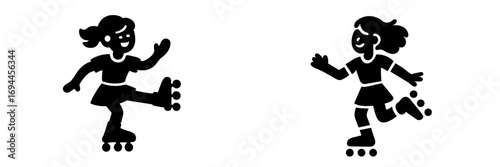 Two girls roller skating silhouette icon set in black and white showing children having fun with outdoor activity and sports