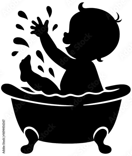 Cute Baby Bathing in Tub Silhouette Illustration
