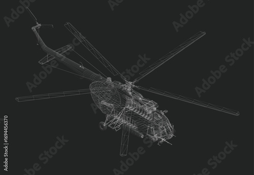 Military helicopter 3D model in silhouette on black background, isometric view. 3D. Vector illustration