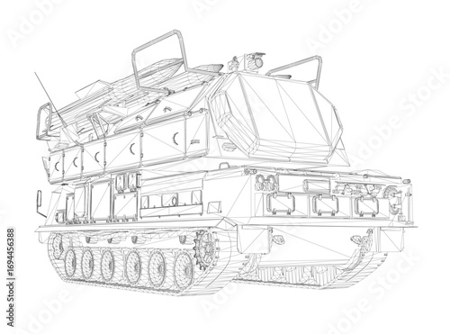 Military tank blueprint with intricate wireframe details, including tracks, turret, and rocket launcher components.