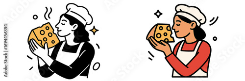 Professional female cheesemaker in a chef hat and apron smelling the delicious aroma of a fresh wedge of Swiss cheese