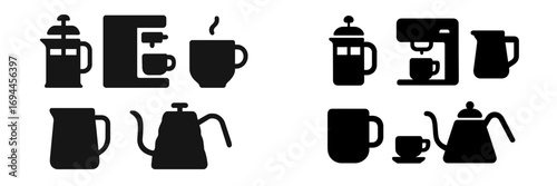 Collection of black coffee brewing icons with French press, espresso machine, gooseneck kettle, and mugs isolated on a white background