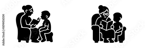 Grandmother reading a book to her grandchild icon set for family storytelling and education concepts in a black glyph style