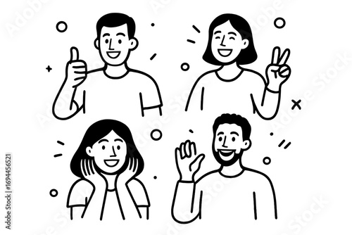 Set of diverse happy people portraits with positive gestures in a simple black and white line art doodle style