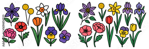 Collection of colorful spring flowers including tulip, poppy, iris, and daffodil in a simple bold line art style isolated on a white background