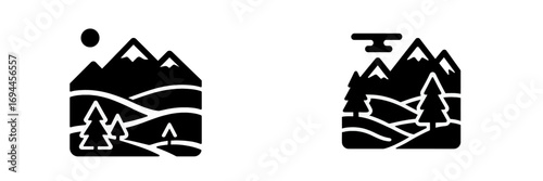 Set of two mountain landscape icons with trees and hills in a simple black glyph style for nature and outdoor themes