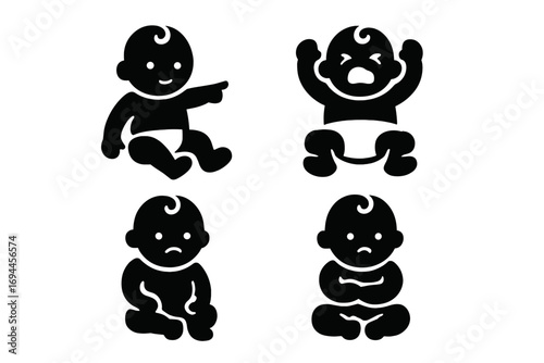 Set of baby icons in silhouette style showing various emotions and poses like crying, happy, sad, and grumpy on a white background