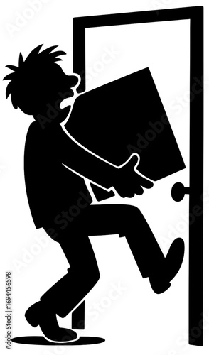 Funny Cartoon Silhouette of Man Carrying a Big Box Through a Door