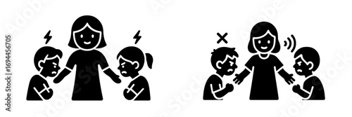 Parent mediating conflict between fighting siblings, black glyph icons showing childhood anger and misbehavior