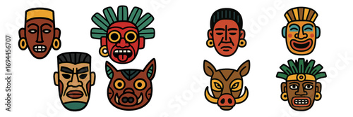 Colorful stylized tribal masks with human and animal faces for cultural or ceremonial use isolated on a white background