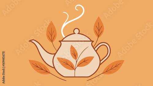 Teapot with steam and autumn leaves on warm orange background