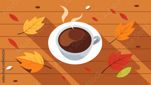 Cup of hot coffee with steam and autumn leaves on wooden table background