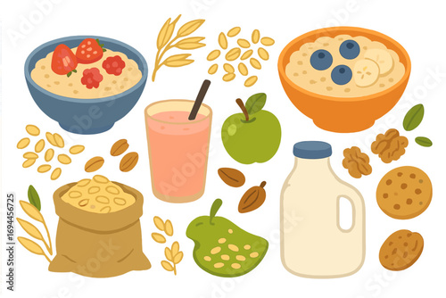 Set of healthy breakfast food items including oatmeal porridge with berries, fresh fruits, nuts, oat milk, smoothie, and cookies