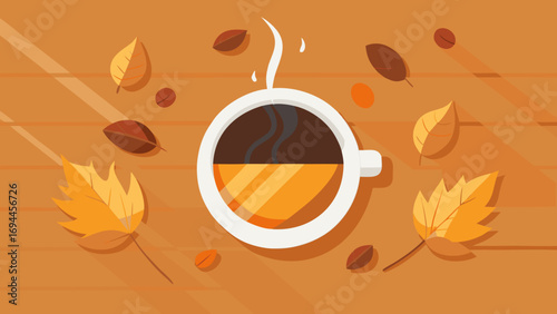 Hot cup of coffee with steam and autumn leaves on wooden surface