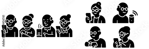Senior citizens using modern technology icon set with elderly man and woman using smartphone, smartwatch, and smart speaker for communication and assistance