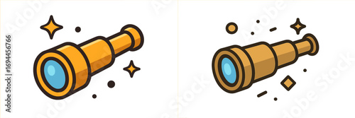 Shiny gold cartoon telescope and spyglass icon set for exploration, discovery, and astronomy or nautical themes