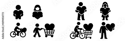 Set of black silhouette icons with people holding hearts, riding a bicycle, and pushing a shopping cart for charity and donation concepts