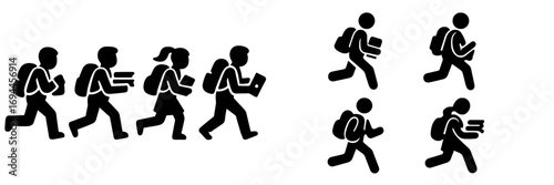 Simple silhouette icon set of school children running with backpacks and books, students hurrying to class