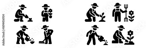 Gardener and farmer icon set showing various gardening activities like planting, watering, and raking in a simple glyph style
