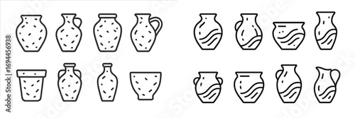 Set of pottery and vase icons in a minimalist line art style for home decor and ancient history concepts