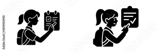 Student girl with backpack checking a list on a clipboard black glyph icon set for school schedule and attendance
