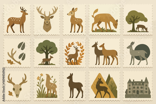 European Fallow Deer Wildlife Stamps with Nature and Forest Elements