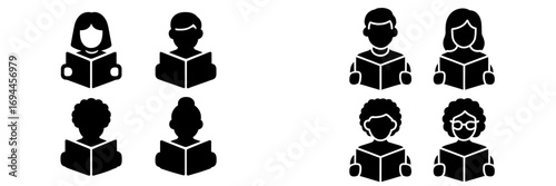 Set of diverse people reading books icon collection showing students and readers in glyph and line art styles for education and library concepts