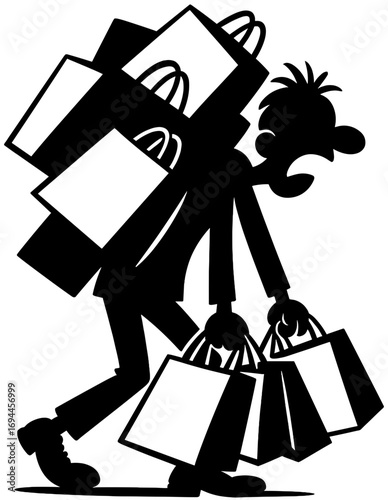 Funny Silhouette of Tired Man Carrying Heavy Shopping Bags